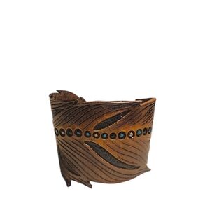 Handcrafted Genuine Tooled Leather Feather Cuff Bracelet Brown And Turquoise